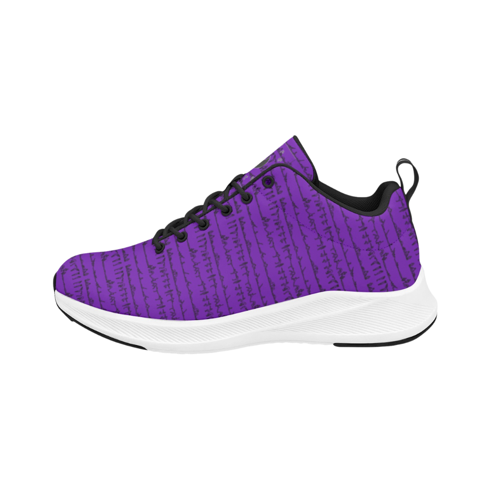 Purple sneakers with a textured pattern and black accents, featuring a lightweight design and durable white outsole.