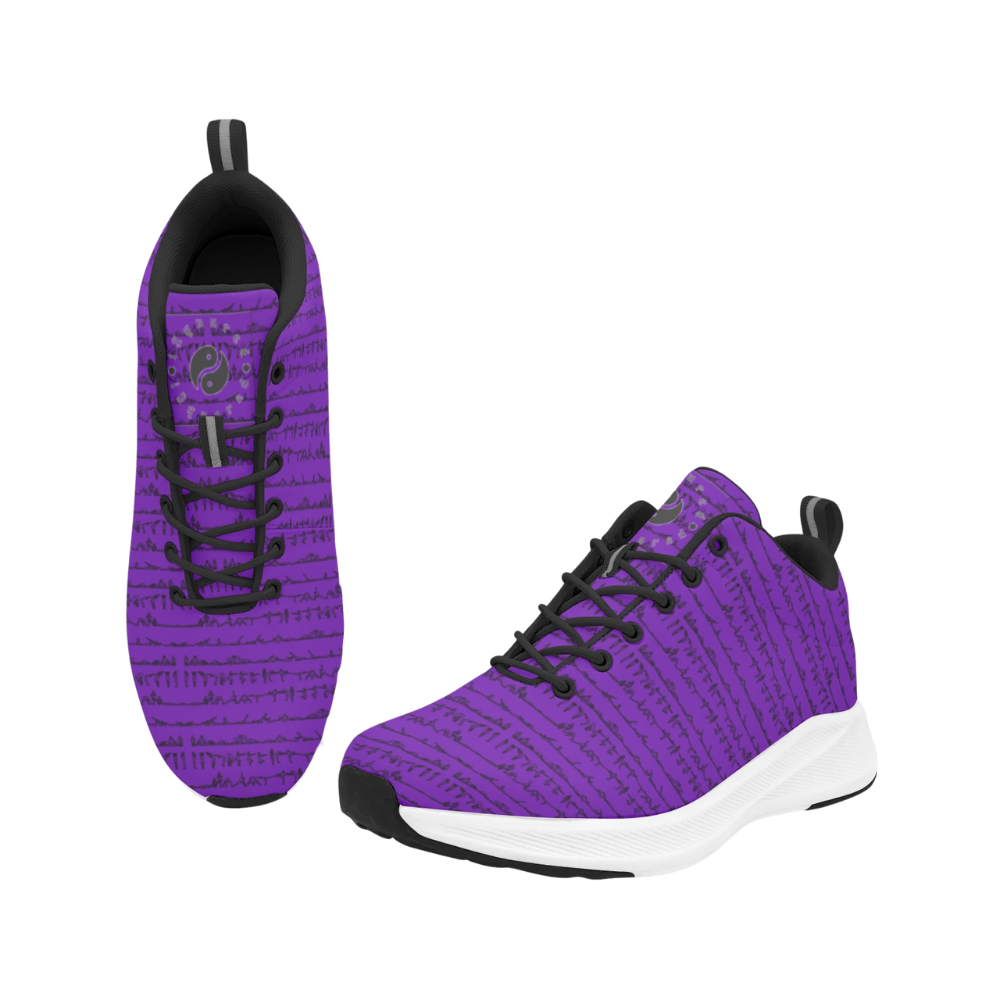 Purple sneakers featuring a textured pattern, black laces, and a white outsole, designed for comfort and style.