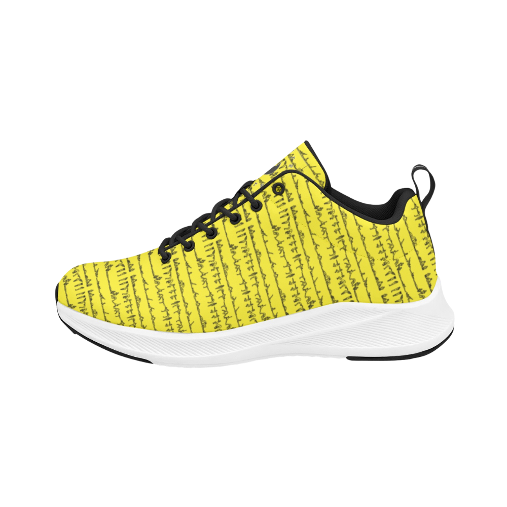 Men's yellow iSquared Runners featuring a textured pattern with black accents and a white sole for enhanced comfort and style.