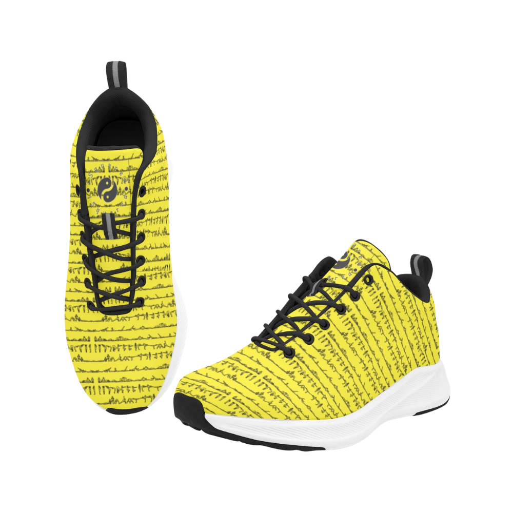 Bright yellow iSquared Men Runners with a unique pattern, featuring a breathable faux suede upper and black laces.
