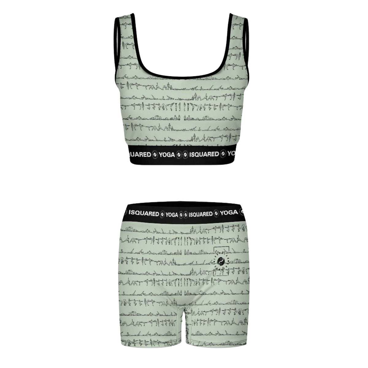 Bikram Pastel iSquared Yoga Set in soft green features a cropped top and matching shorts with black yoga poses printed.