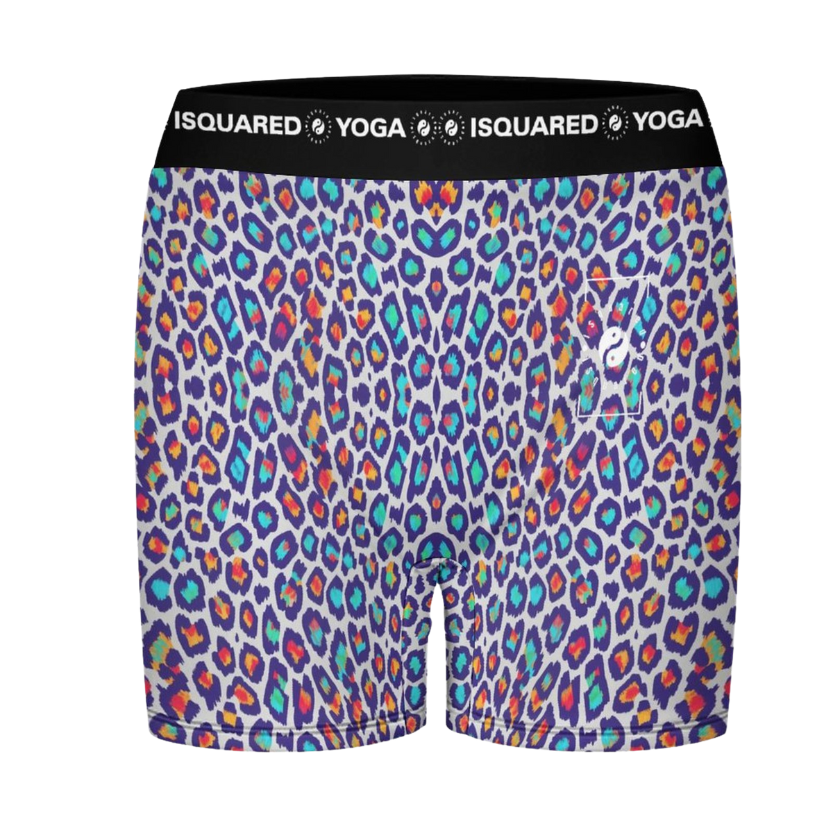 Unisex yoga shorts featuring a vibrant leopard print in purple, blue, orange, and black with a comfortable elastic waistband.