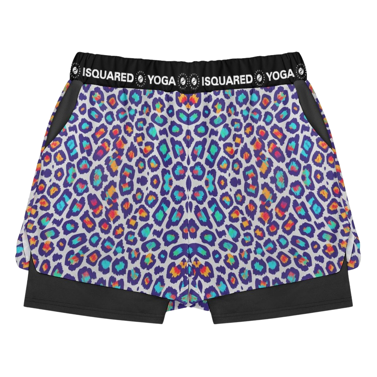 Wild Leopards Compression Yoga Shorts in vibrant purple and multicolor leopard print, featuring a black elastic waistband and side pockets.