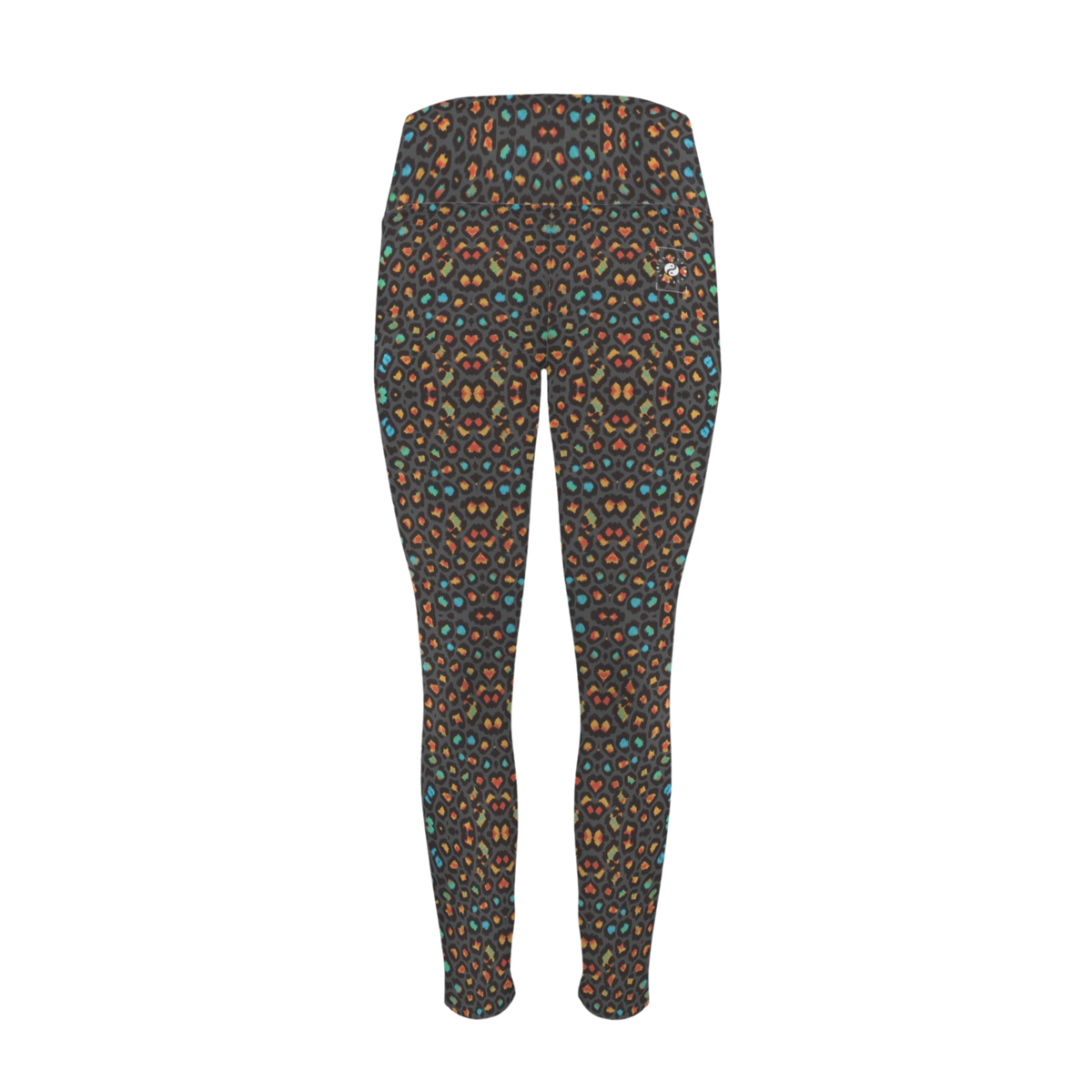 High-rise leggings featuring a colorful Wild Leopards pattern with shades of orange, blue, and black. Two side pockets included.