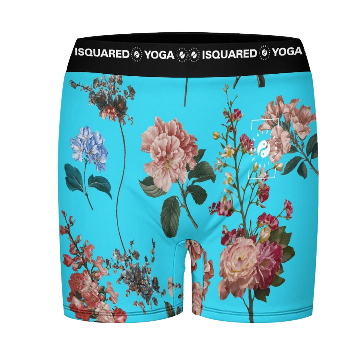 Botanicals iSquared Yoga Shorts in vibrant turquoise with colorful floral print; features a wide elastic waistband.