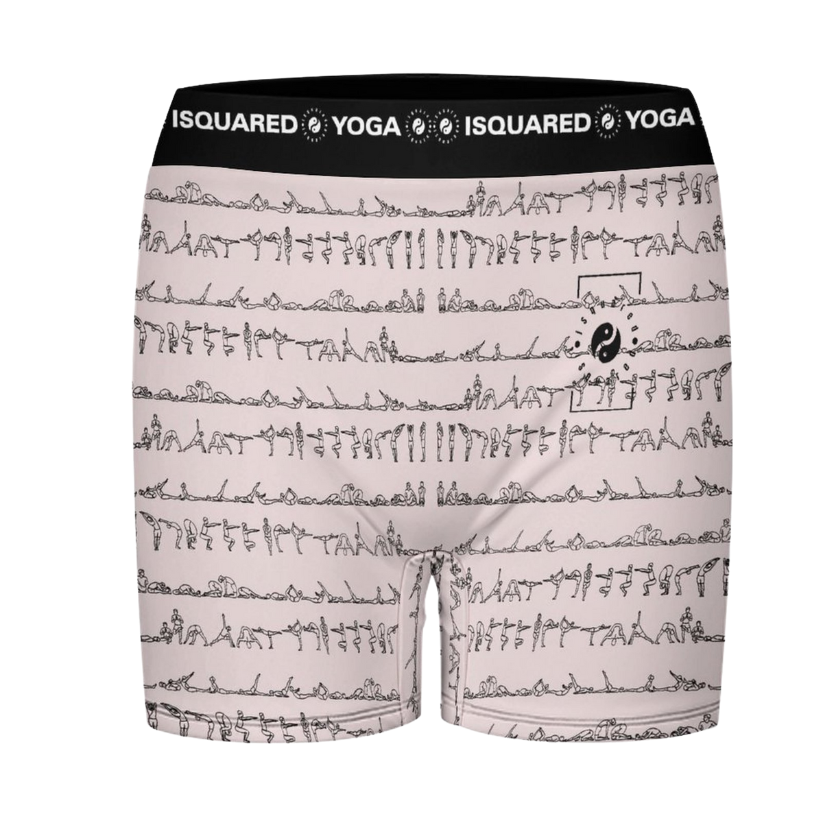 Pastel pink shorts featuring black illustrations of yoga poses along horizontal stripes and a black elastic waistband.