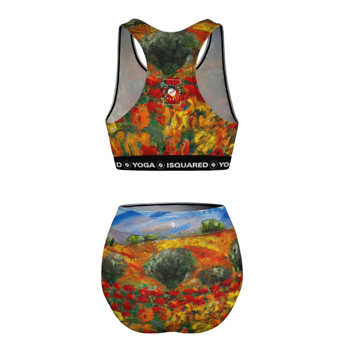 Hot Yoga Bikini Set featuring a colorful floral print, with a black branded band on the sports bra and matching high-waisted shorts.