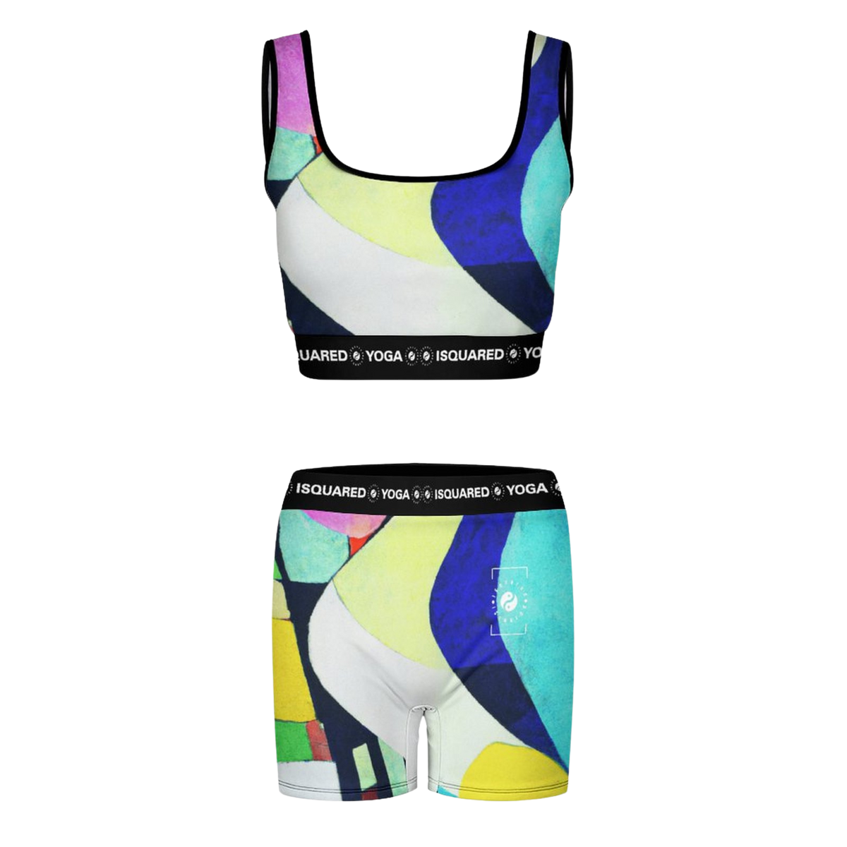 Colorful iSquared Yoga Set featuring a patterned crop top and shorts with a black logo band at the waist.