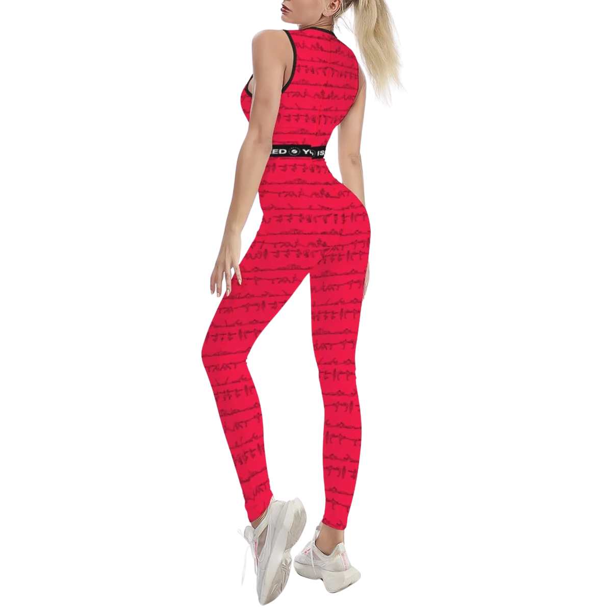 Red sleeveless jumpsuit featuring an all-over print, paired with white sneakers, showing a body-contouring fit.