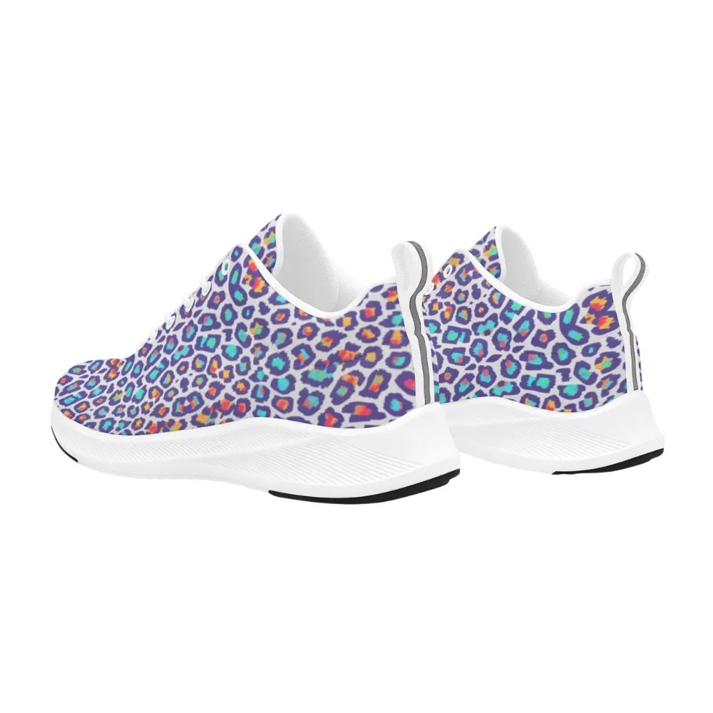 Colorful leopard print shoes with a breathable upper, white accents, and a durable black outsole, designed for comfort and style.