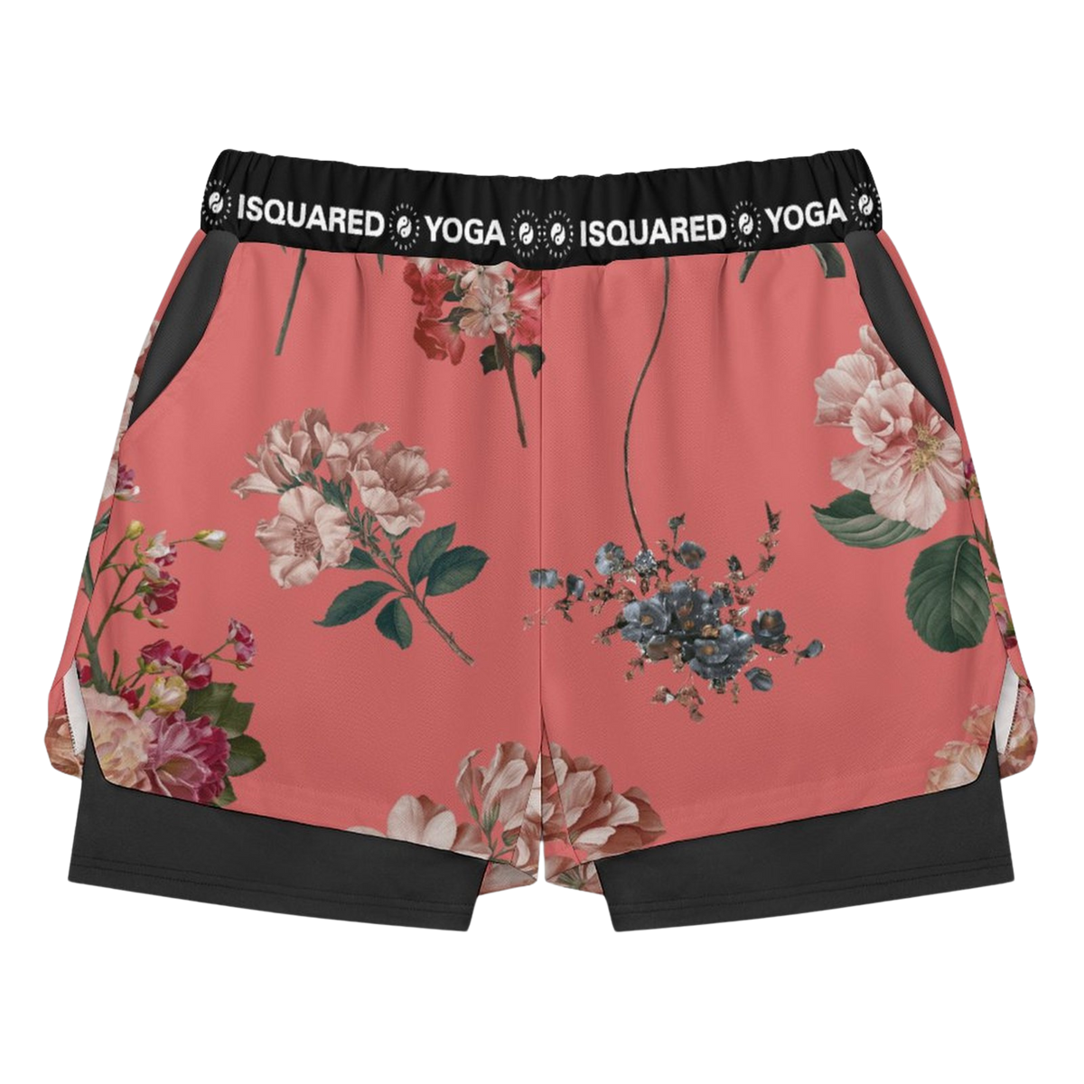 Compression yoga shorts in vibrant coral with a floral pattern, featuring a black elastic waistband and side pockets.