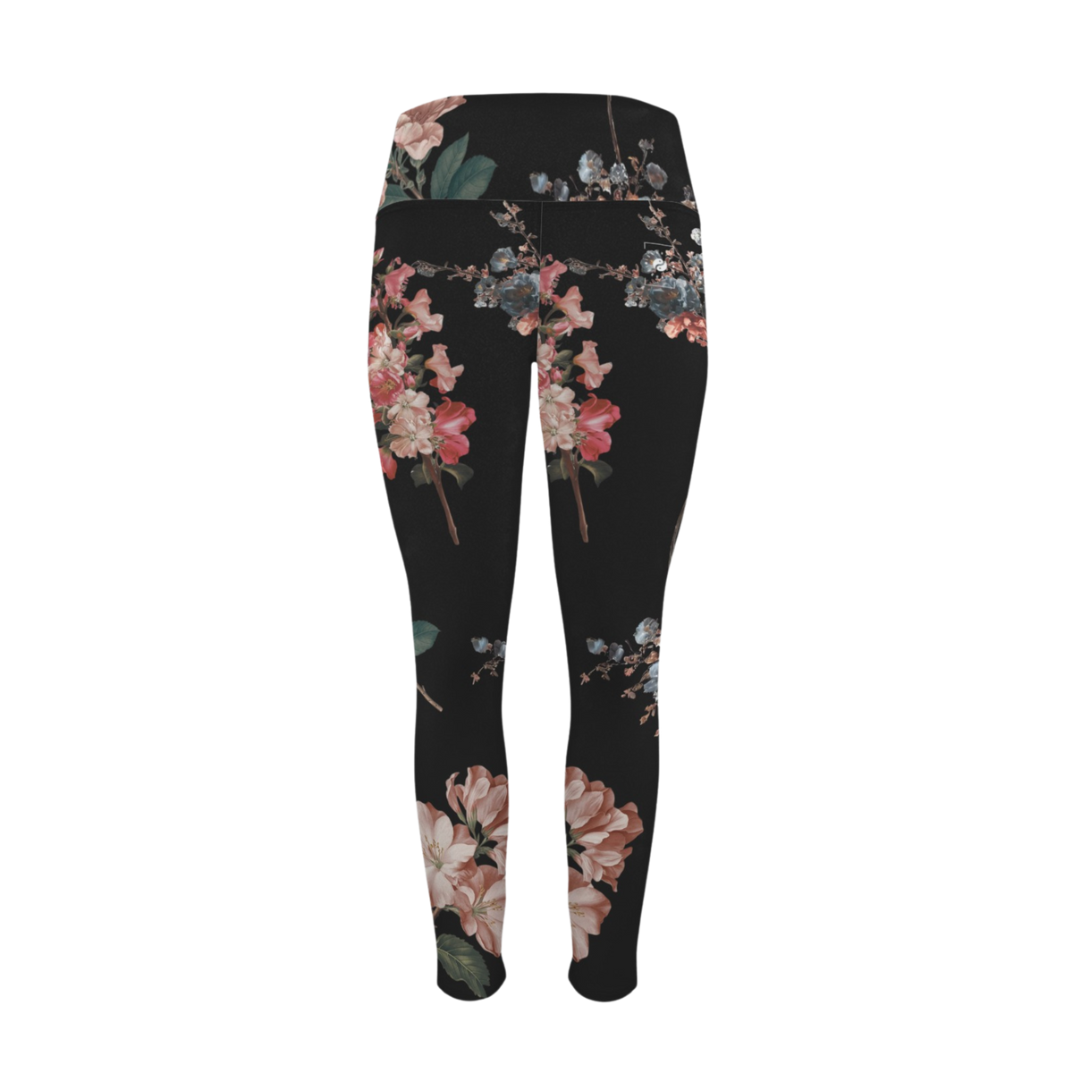 Botanicals iSquared Pocket Leggings feature a black background with vibrant floral patterns in pink and blue. High-rise fit with a wide waistband.