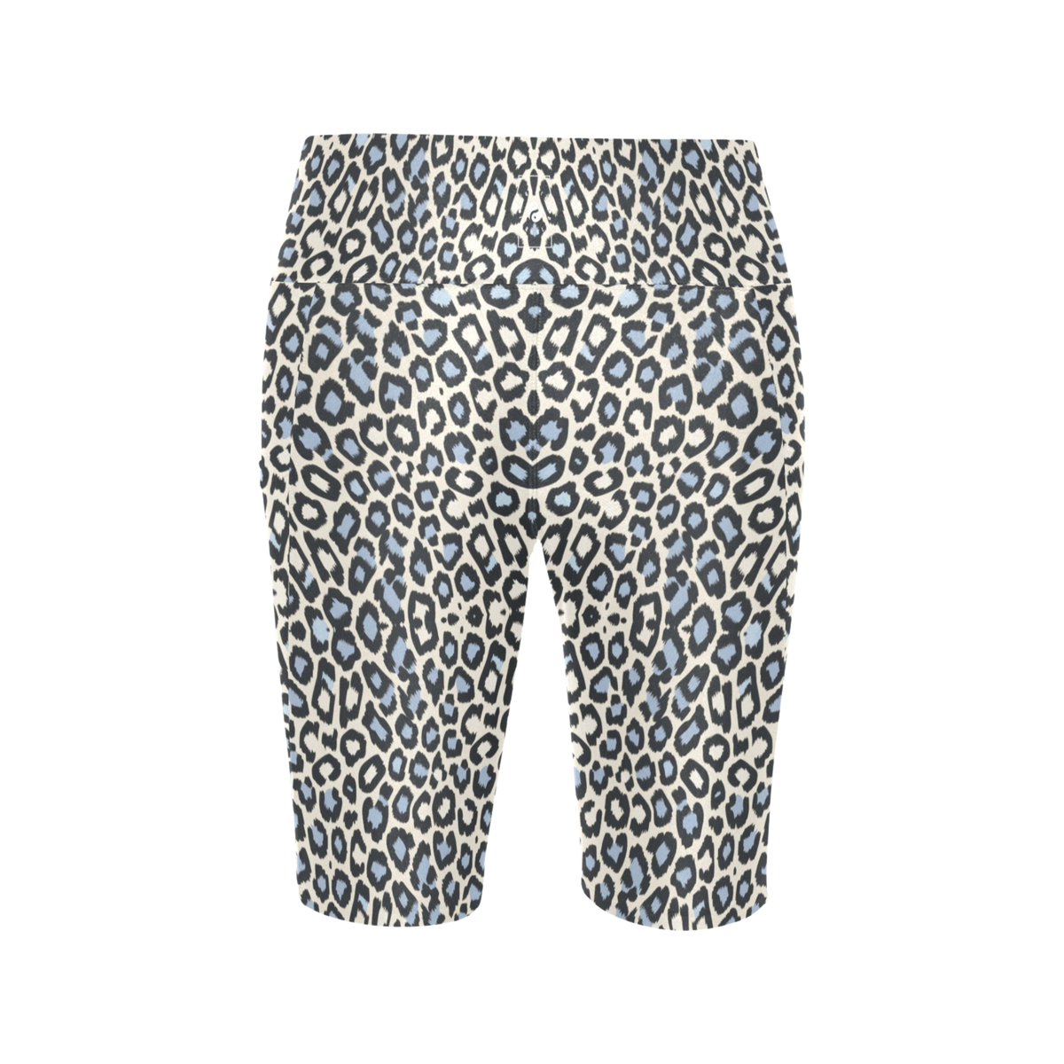 High-waisted biker-length shorts featuring a cool blue and black leopard print pattern. Ideal for active wear.
