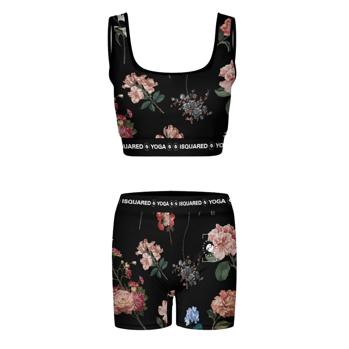 Black yoga set featuring a floral print with assorted colored flowers. Includes a cropped top and fitted shorts.