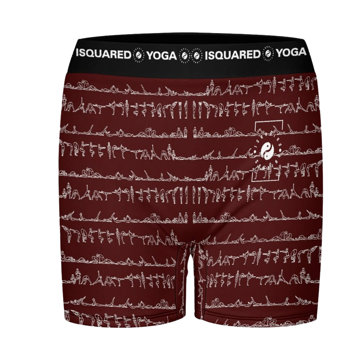 Bikram Ember iSquared Yoga Shorts in deep burgundy with a white yoga pose pattern and a black elastic waistband.