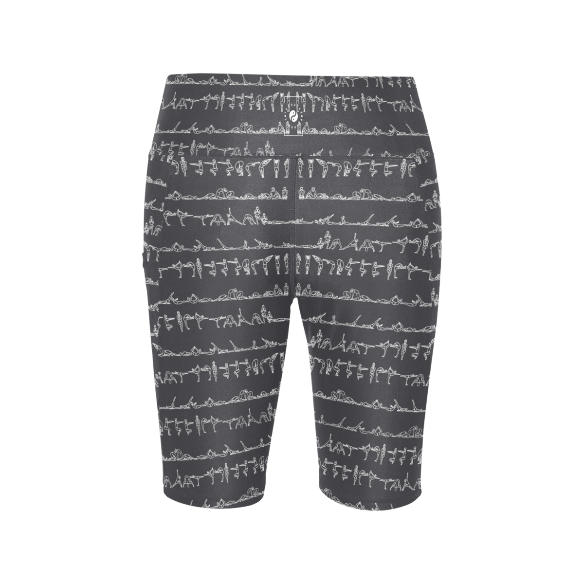 High-waisted, biker-length shorts featuring a gray pattern of yoga poses in white. Suitable for various workouts.