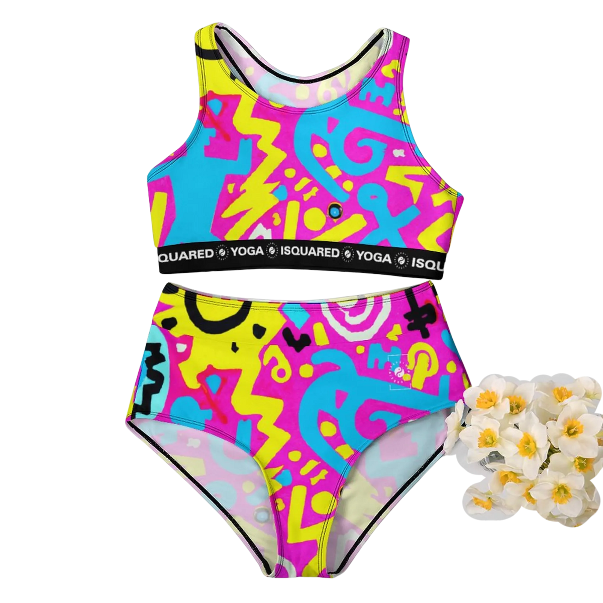 Colorful hot yoga bikini set featuring a patterned crop top and high-waisted bottoms with a black logo band.