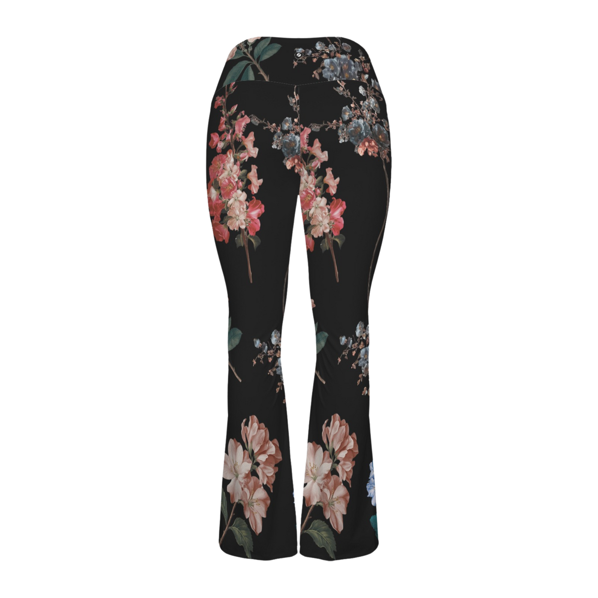 Botanicals Cross Waisted Flair Leggings in a floral print with a black background, featuring a flared leg design.
