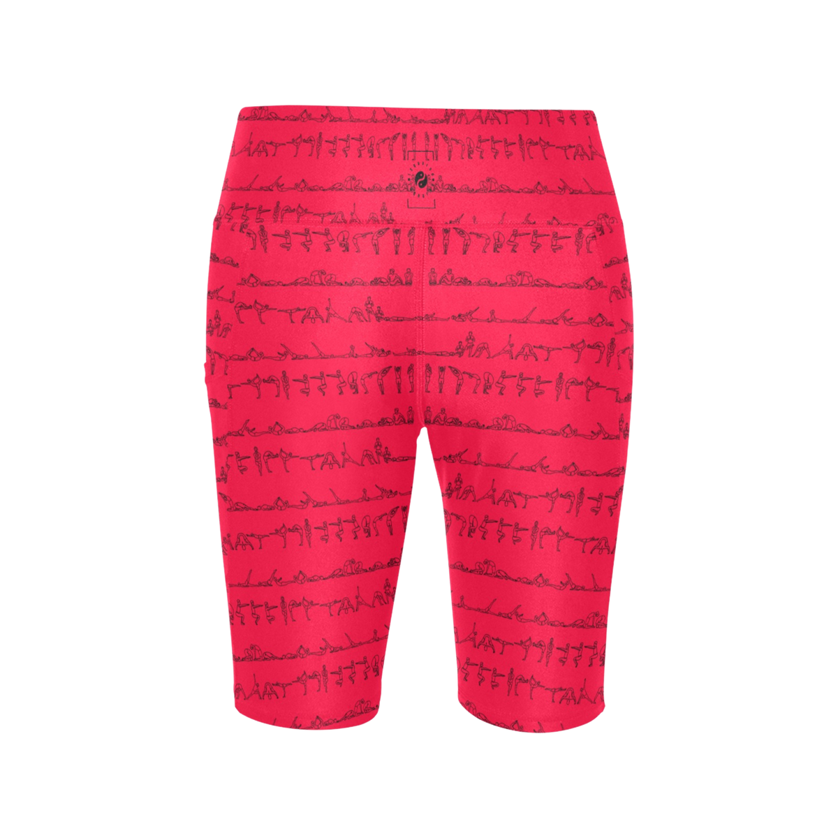 High-waisted, biker-length shorts in bright pink featuring a black yoga pose print throughout.