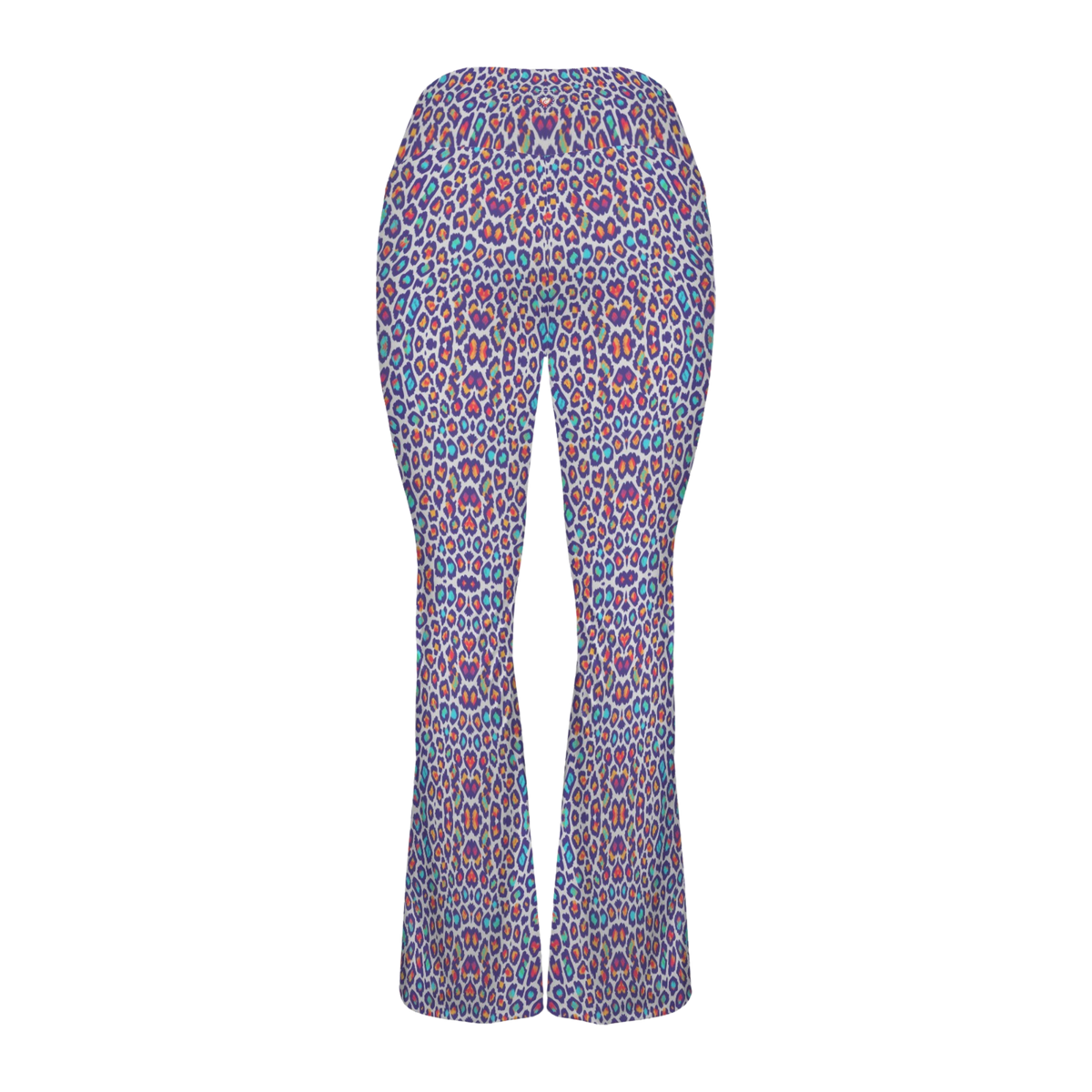 Flare leggings featuring a vibrant wild leopard print in pink, blue, and purple, with a cross-waisted design.