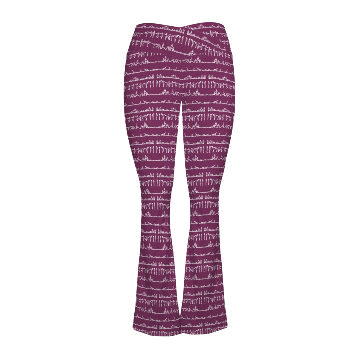 Bikram Ember Cross Waisted Flair Leggings in deep purple with white yoga-inspired patterns, featuring a crossover waistband.