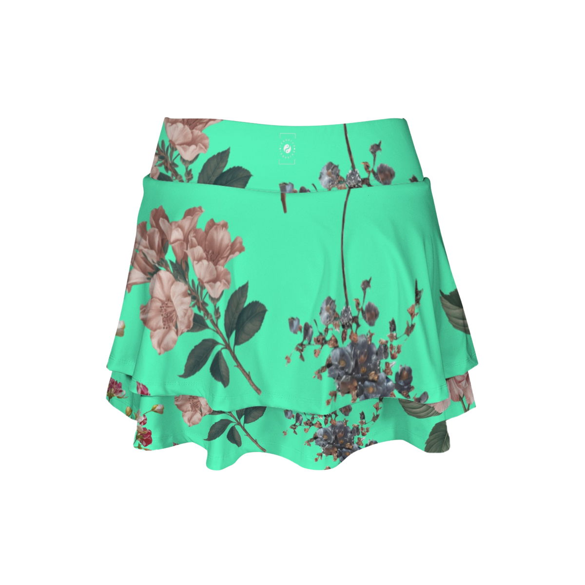 Botanicals iSquared Ruffle Skirt with high waist, layered ruffle hem, and built-in shorts in botanical print