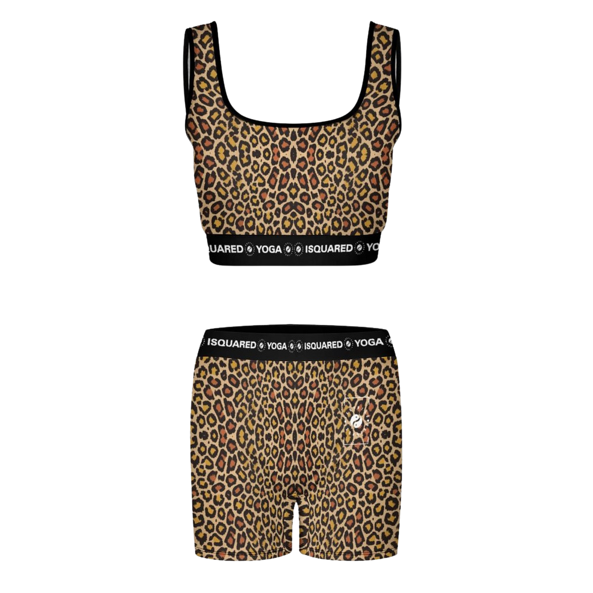 Wild Leopards iSquared Yoga Set featuring a scoop-neck sports bra and coordinating shorts in classic leopard print with black detailing.