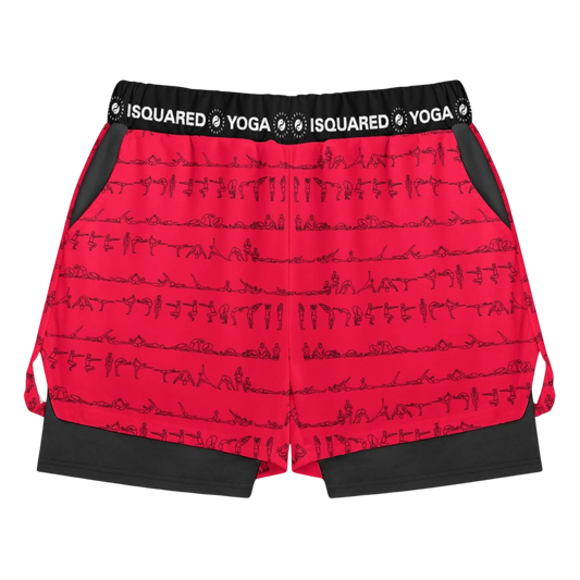 Red compression yoga shorts featuring black mesh sides and a unique pattern of yoga poses. Elastic waistband for a snug fit.