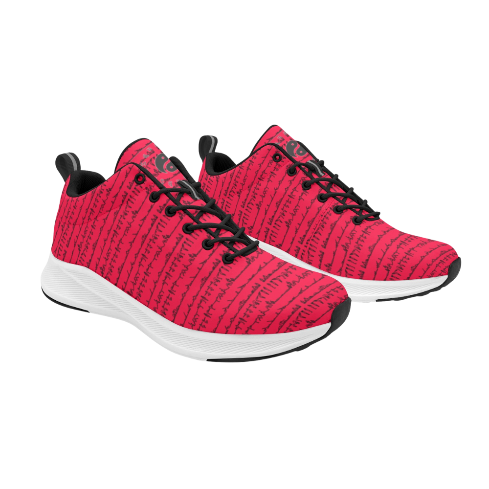 Red faux suede iSquared Men Runners featuring black accents and textured pattern, designed for comfort and style.