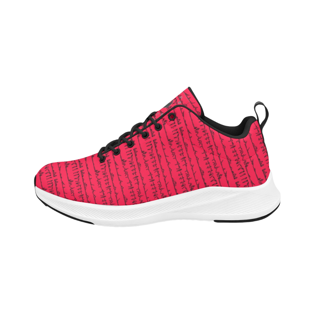 Bikram Series iSquared Men Runners in bright red with black accents and unique pattern, featuring a white rubber outsole.