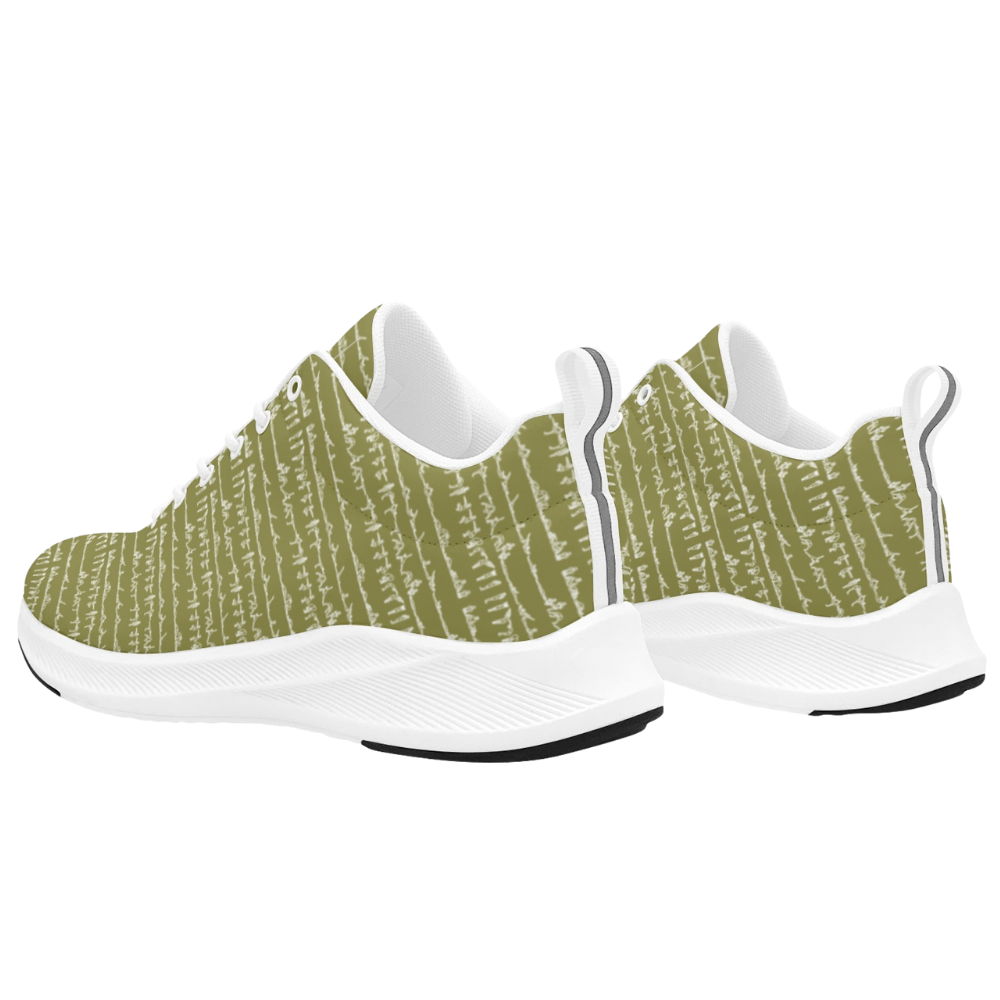 Bikram Ember iSquared Women Runners in olive green with a textured pattern and white soles, featuring a sleek, modern design.