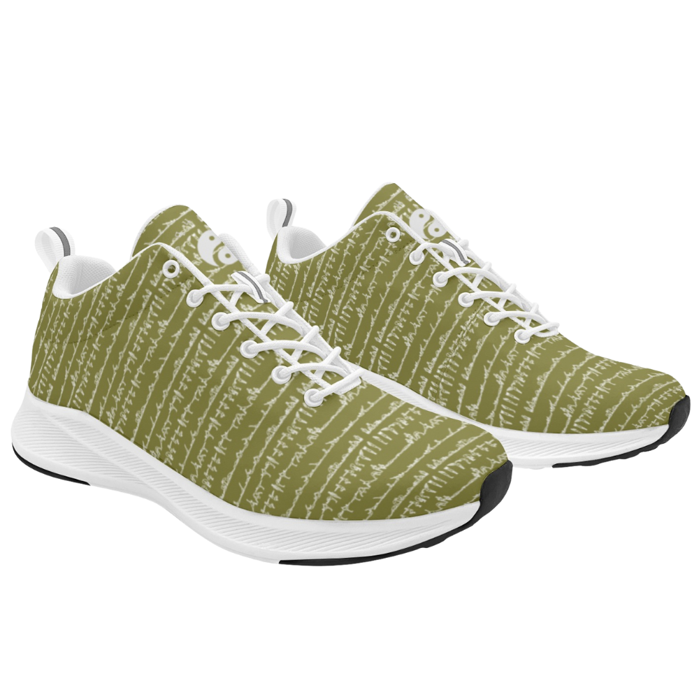 Bikram Ember iSquared Women Runners featuring a green pattern with white accents and a breathable faux suede finish.