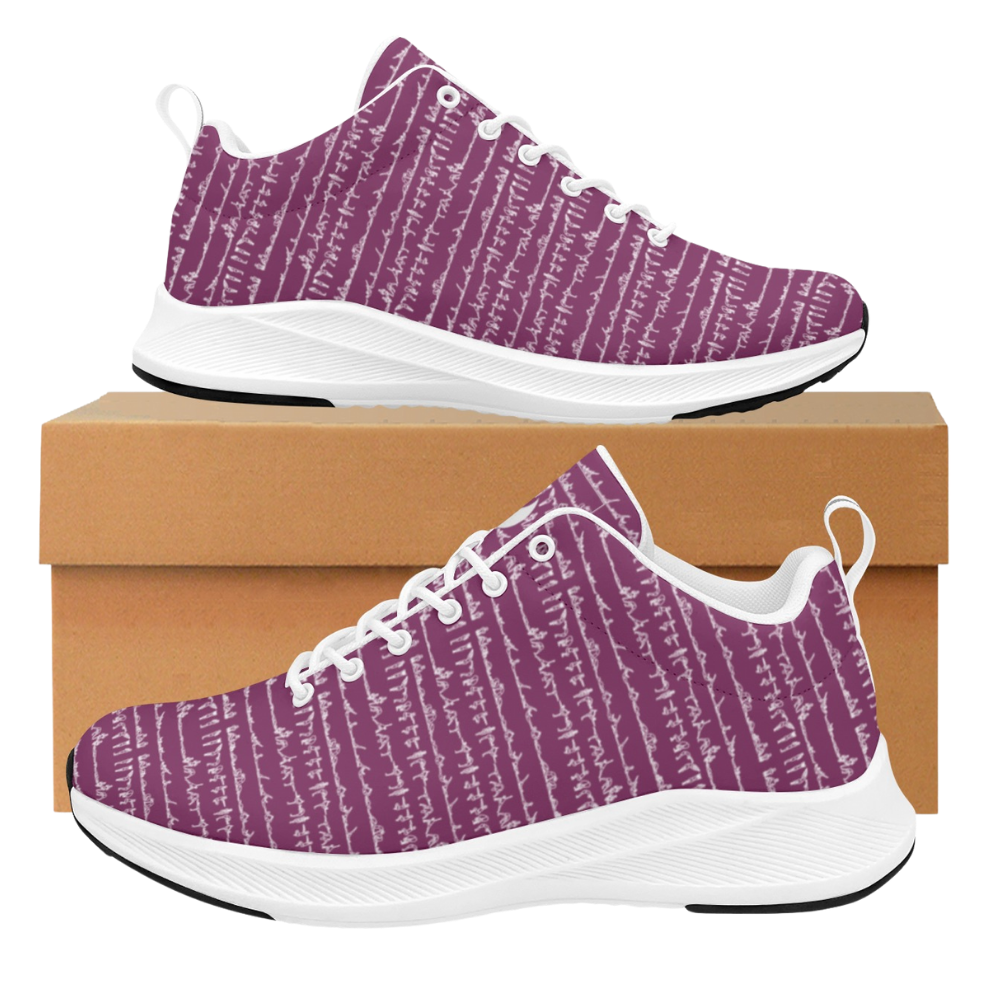 Bikram Ember iSquared Women Runners in purple with a white patterned design, set on a brown box.
