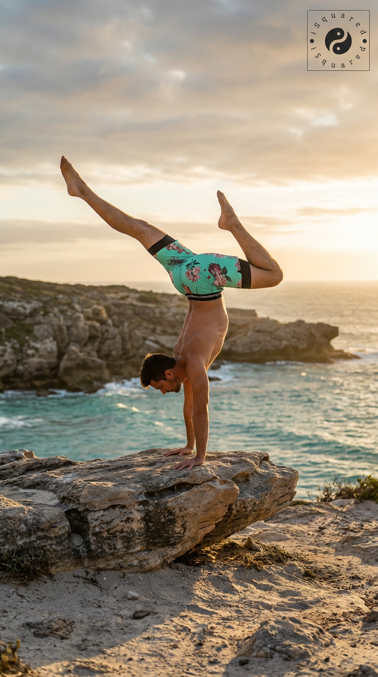 Compression yoga shorts in vibrant turquoise with floral design, worn by a man performing a handstand on a rocky beach.