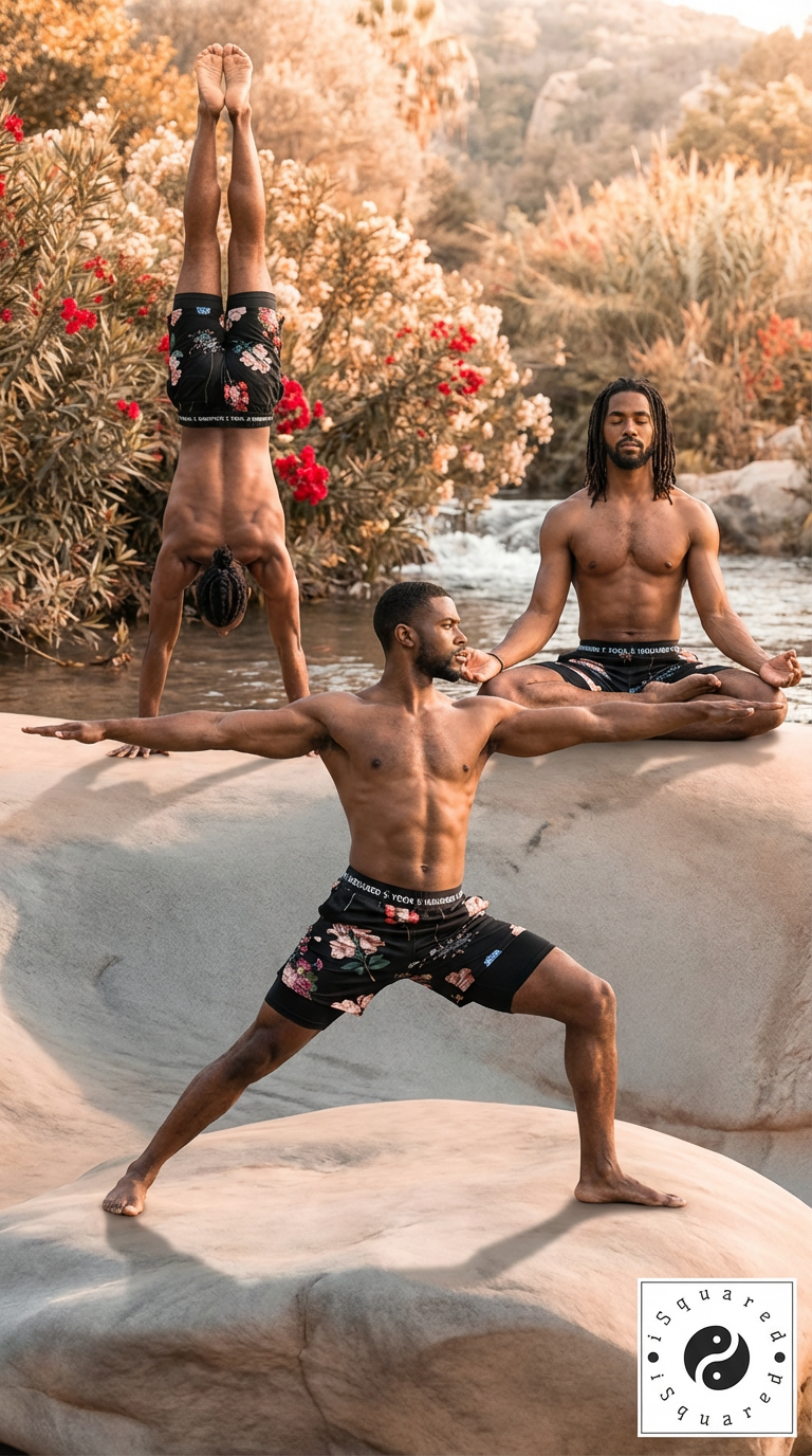 Black compression yoga shorts with floral pattern, worn by models in various yoga poses outdoors.
