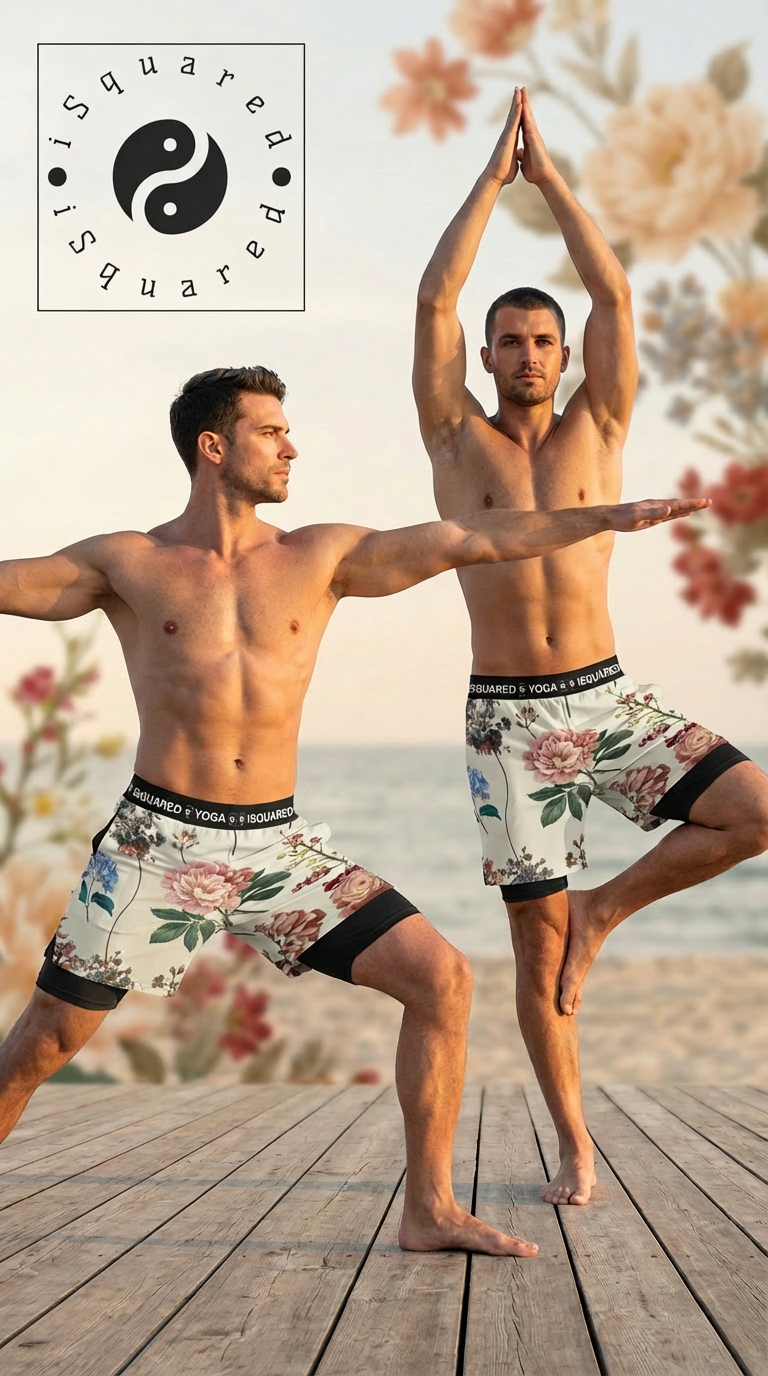 Compression yoga shorts with a floral pattern in shades of pink and green, worn by two models in yoga poses.