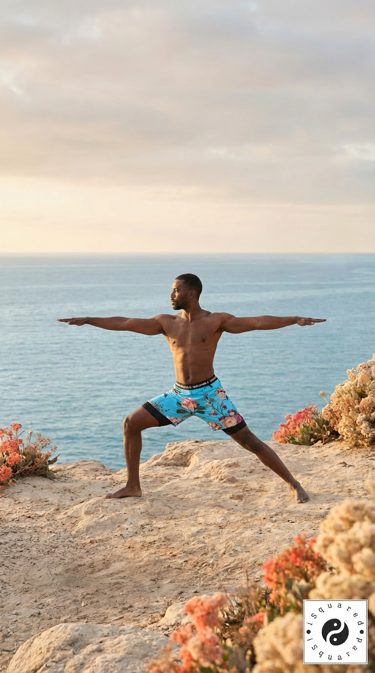 Compression yoga shorts with a vibrant floral pattern in blue, worn by a model in a warrior pose against a scenic ocean backdrop.