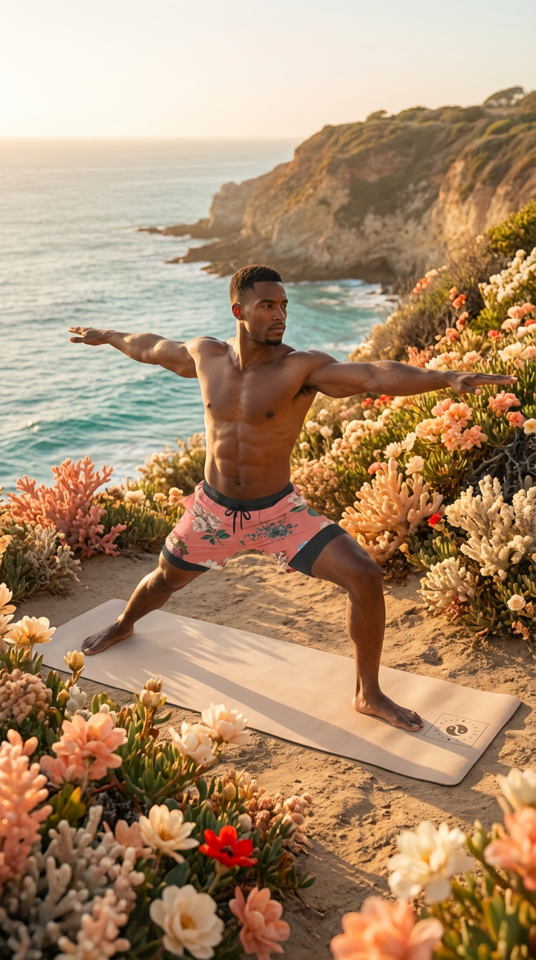 Compression yoga shorts in vibrant coral with floral patterns. Model is performing a yoga pose on a sandy beach, surrounded by flowers.