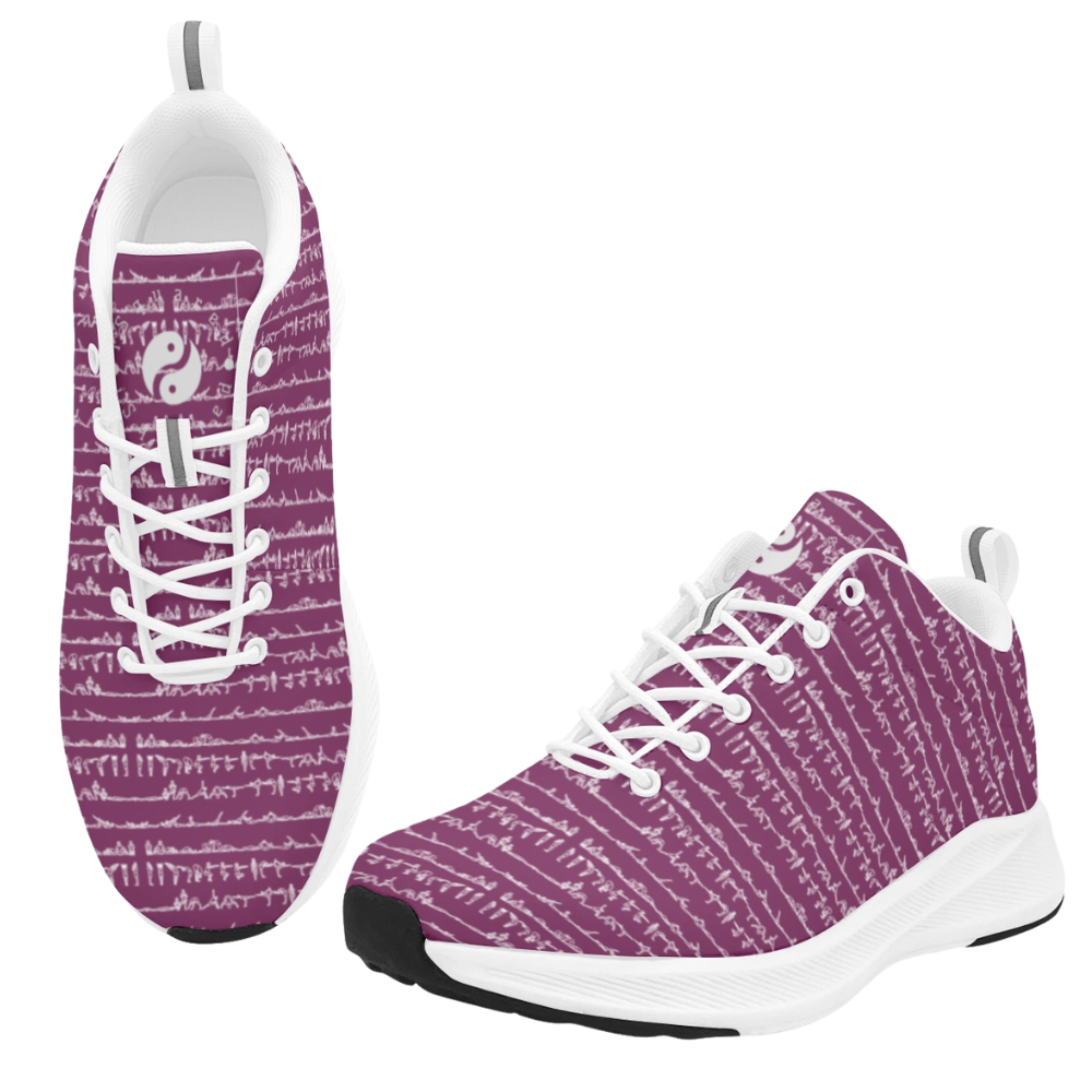 Bikram Ember iSquared Women Runners in deep purple with white abstract patterns, featuring breathable faux suede and a durable outsole.