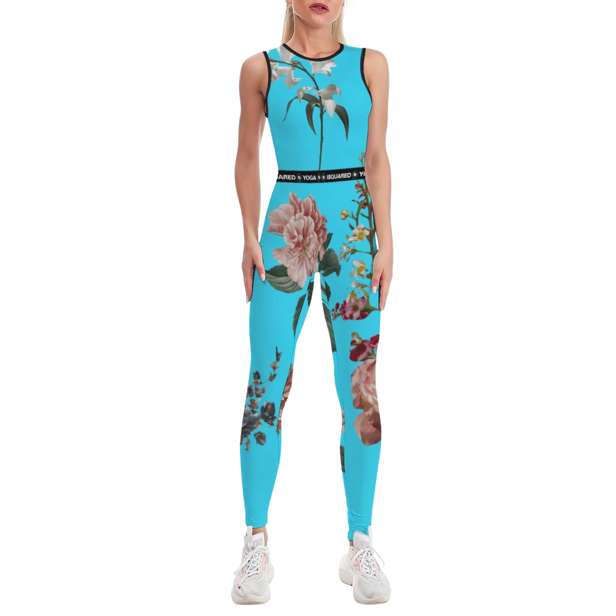 Botanicals iSquared Jumpsuit in turquoise, featuring floral patterns, body-contouring fit, and sleeveless design.