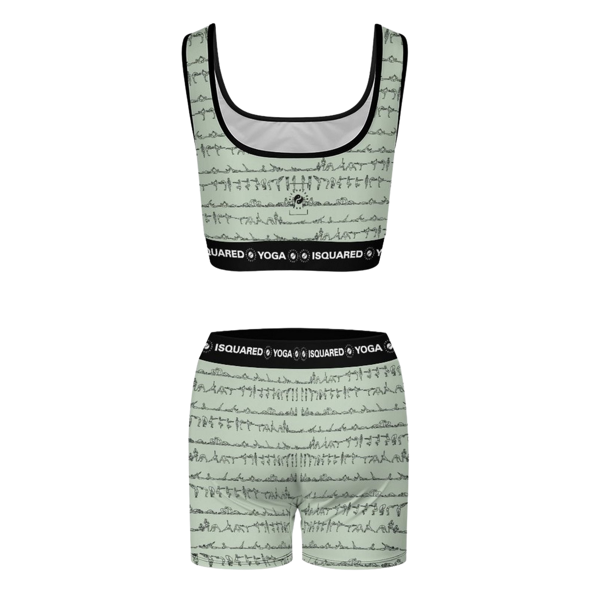 Bikram Pastel iSquared Yoga Set in soft green featuring a crop top with wide straps and matching shorts with yoga pose prints.