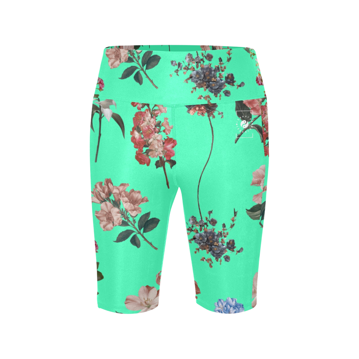 High-waisted turquoise biker shorts featuring a vibrant floral print in pink, red, and blue hues.