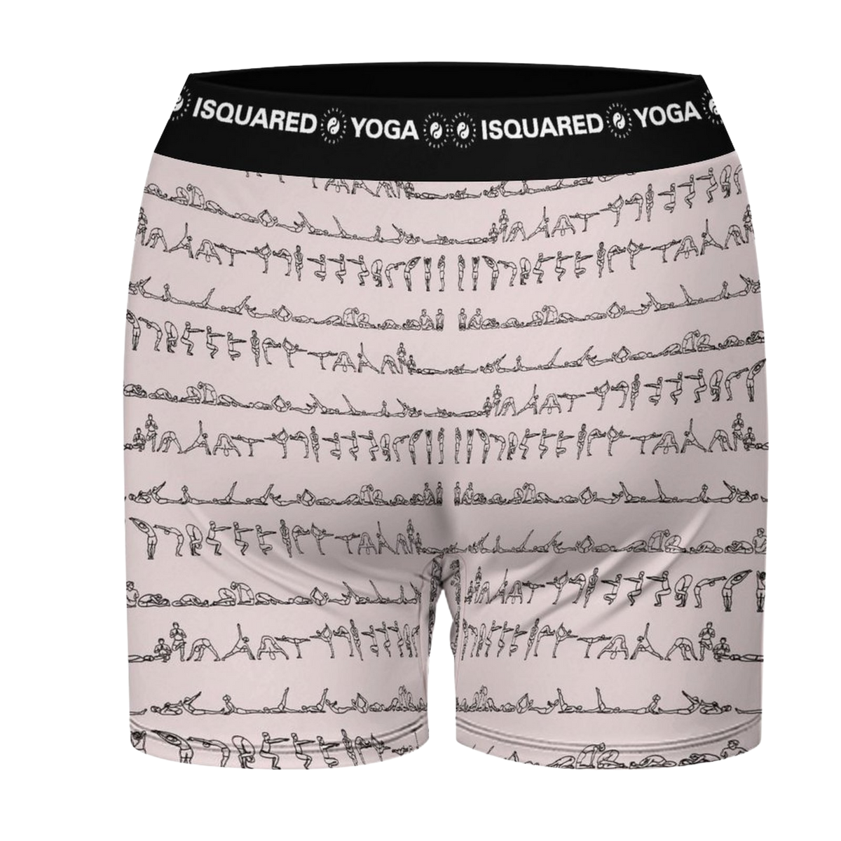 Bikram Pastel iSquared Yoga Shorts in soft pink, featuring a line art design of yoga poses and a black elastic waistband.