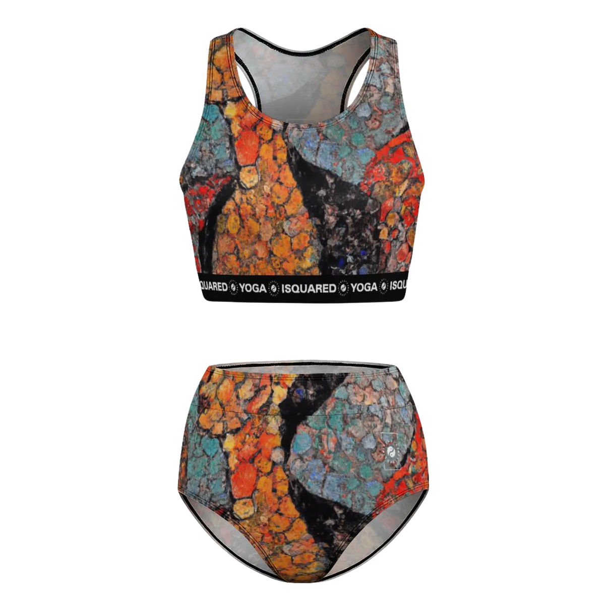 Colorful hot yoga bikini set featuring an abstract print, with a racerback top and high-waisted bottoms.