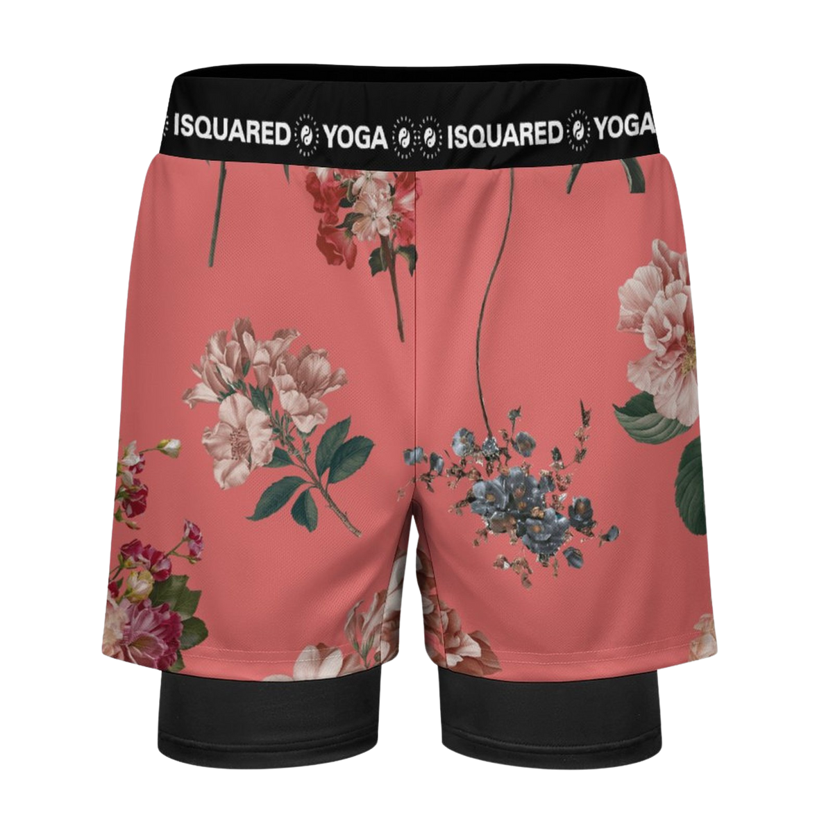 Compression yoga shorts in vibrant coral with floral pattern, featuring a black elastic waistband and dual-layer design.