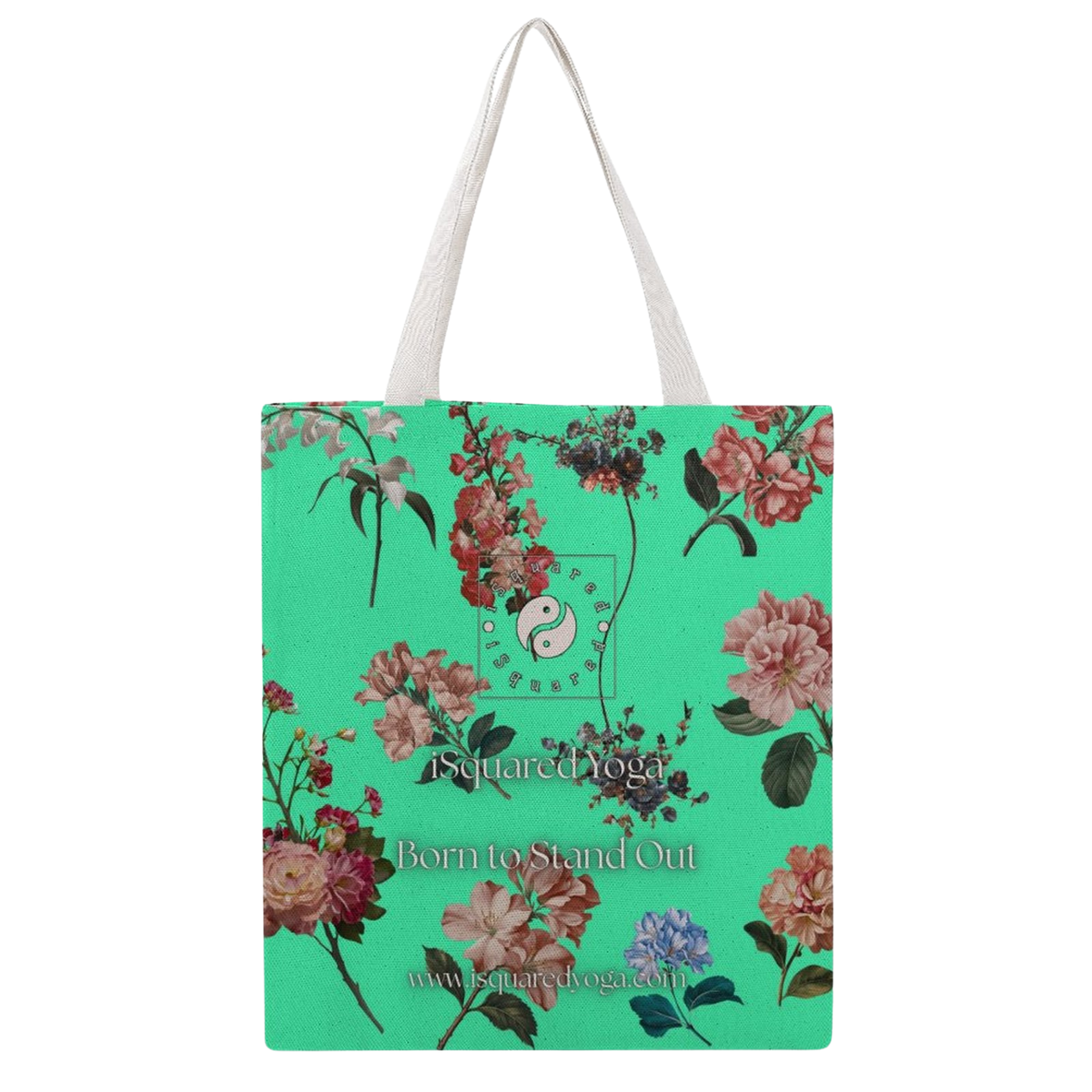 Botanicals tote bag with a vibrant turquoise background, featuring floral designs and white shoulder straps.