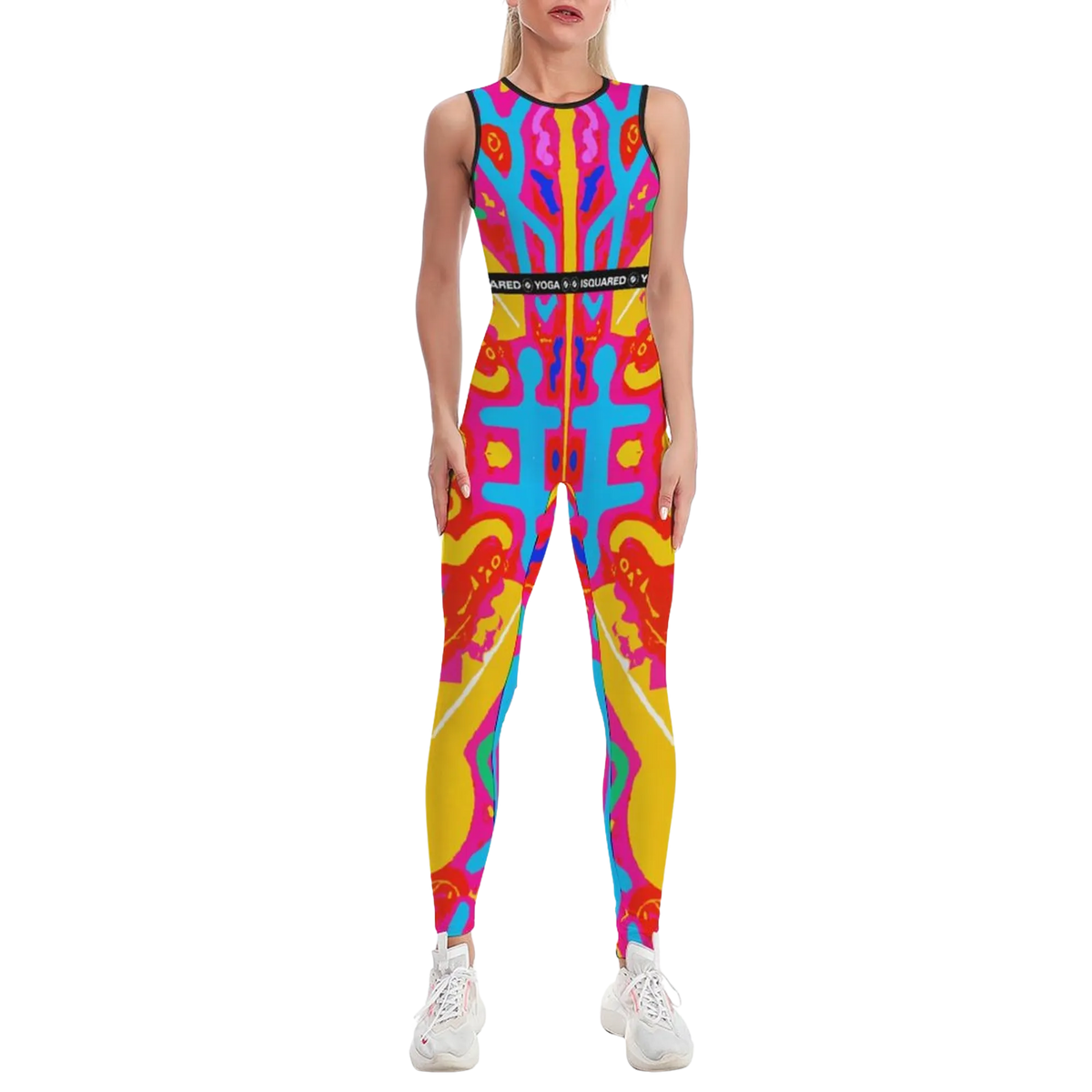 Colorful sleeveless jumpsuit featuring vibrant patterns in red, yellow, and blue, showcasing a body-hugging fit.