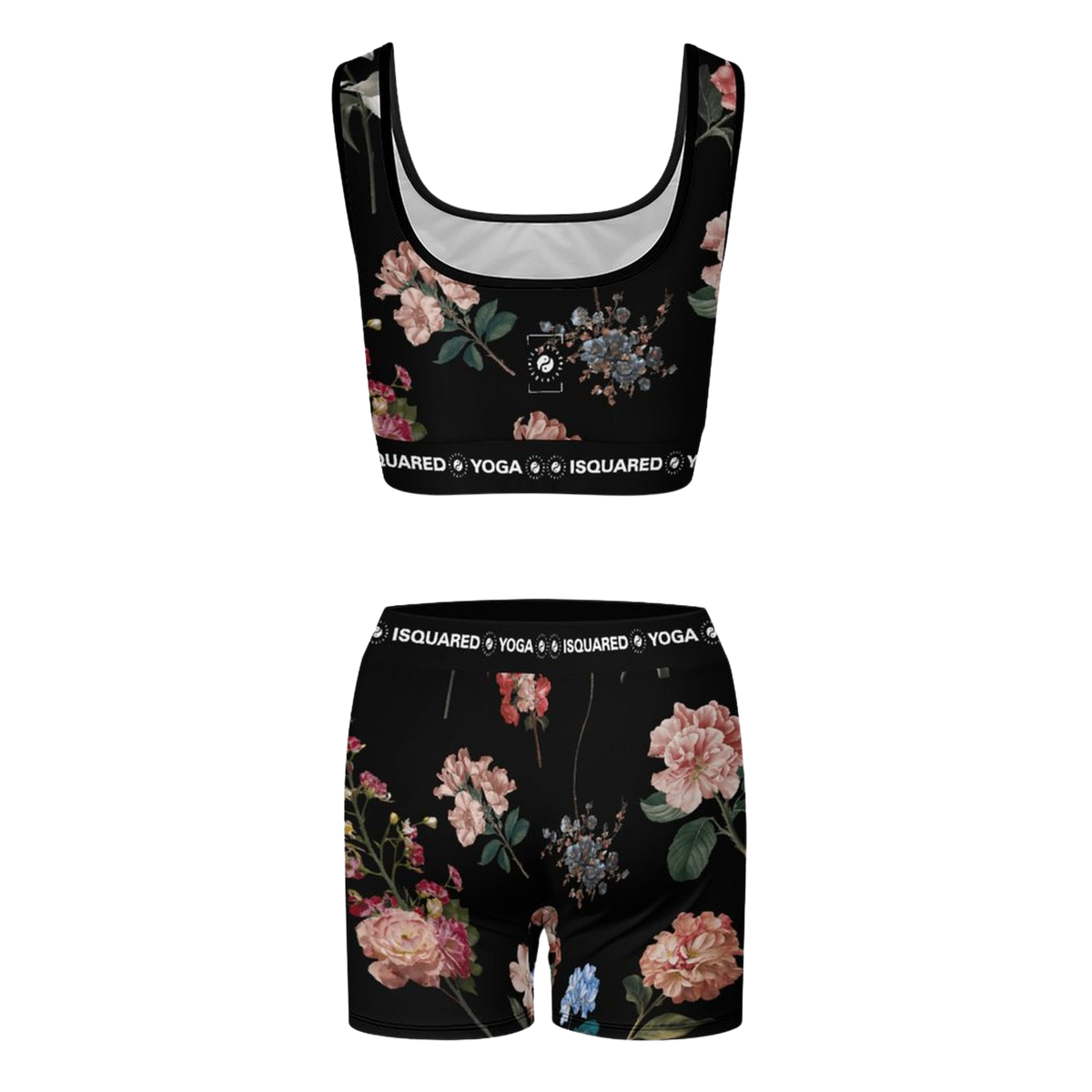 Black yoga set featuring a floral pattern with pink and blue flowers, designed for comfort and flexibility.