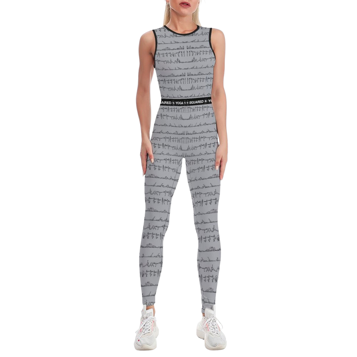 Bikram Pastel jumpsuit in calming grey with a sleeveless design and body-contouring fit, shown on a model.