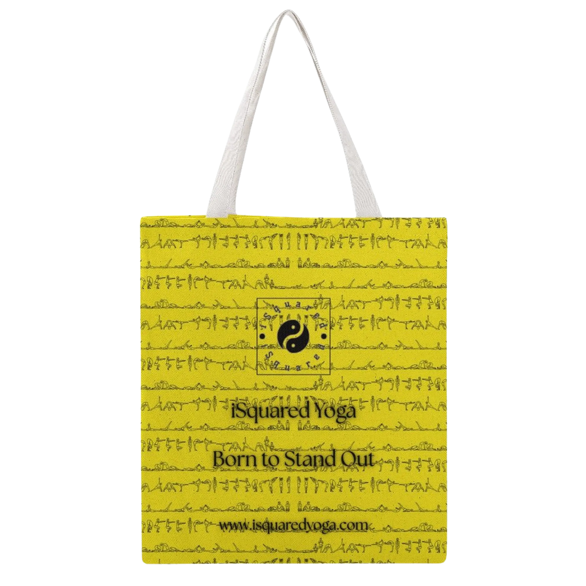Yellow iSquared Tote Bag featuring a unique pattern of yoga postures, with white shoulder straps and branding accents.